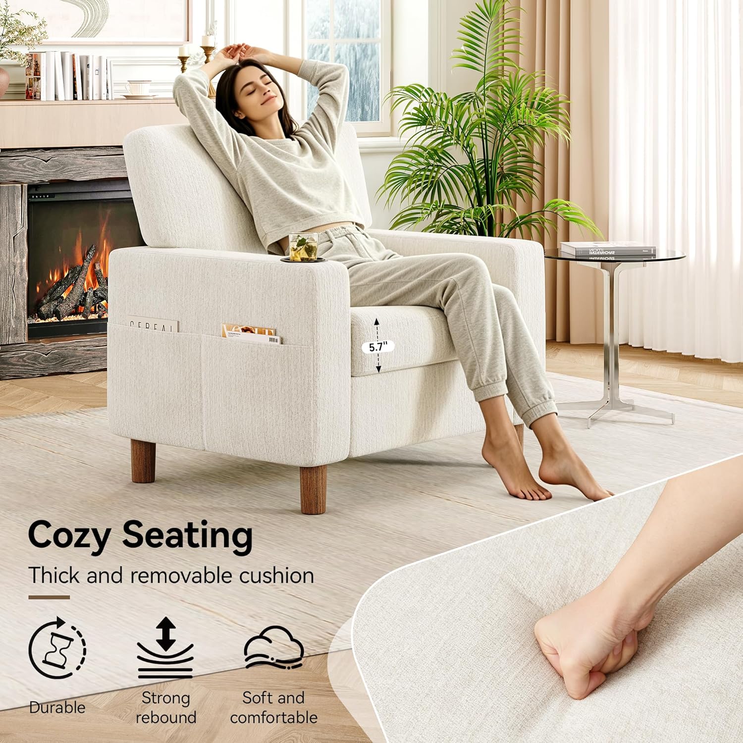 Mid Century Modern Accent Chairs Set of 2, Chenille Comfy Living Room Arm Chairs with Cup Holder, Cozy Single Sofa Reading Nook Chair for Bedroom, Easy Assembly Required, Off White