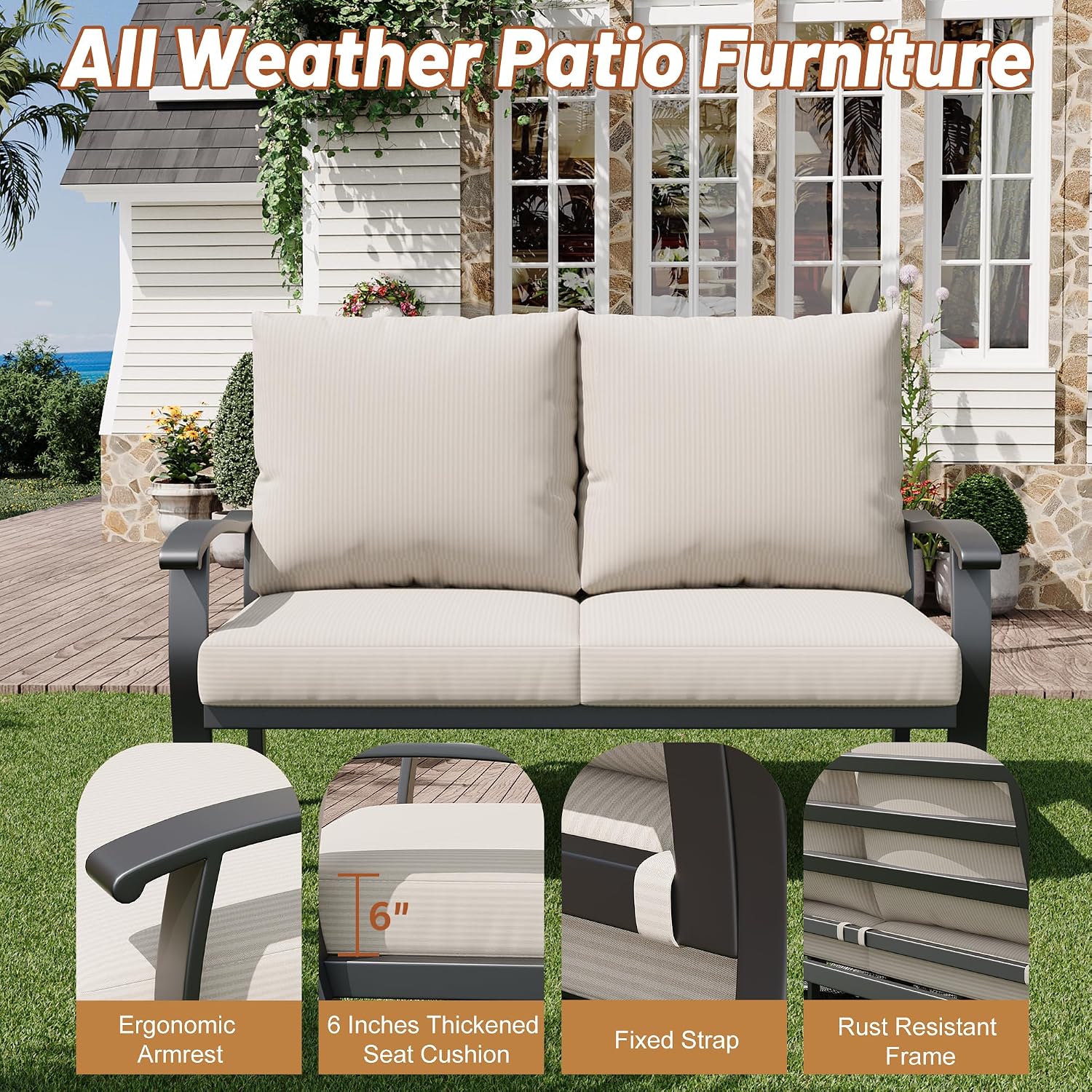 HOMREST Outdoor Loveseat Aluminum Patio Furniture Sofa, All-Weather Metal Outdoor Couch with Cushions, Beige
