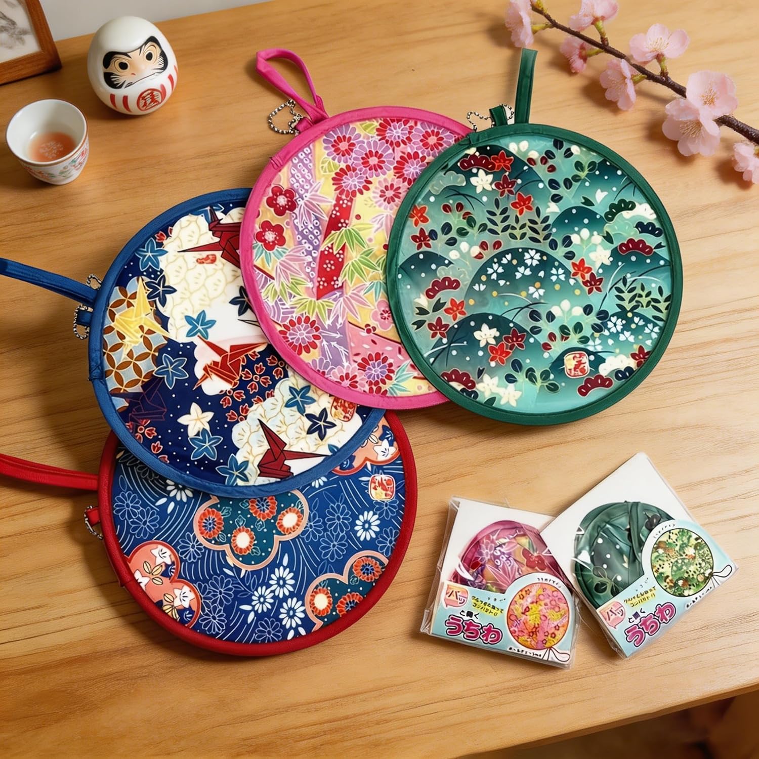 4pcs Vintage Folding Fan, Portable 8.26Inches Mini Round Fan, Ideal Gift for Valentine's Day, Birthdays, and Parties, a Daily Essential,Blue + Red + Pink + Green