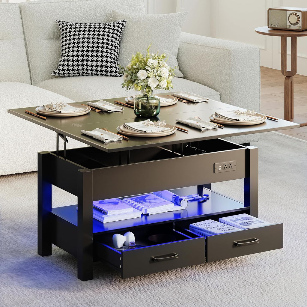 MALOL 40" Smart Lift Top Coffee Table for Living Room, 4 in 1 Multi-Function Modern Coffee Tables with Storage Drawers, LED Light and Charging Station, Farmhouse Wood Coffee Table, Black