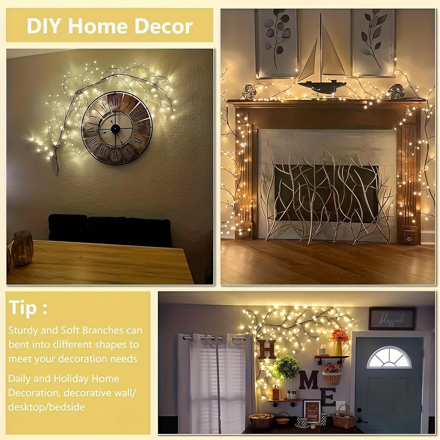 Enchanted Willow Vine Lights for Wall - 1.5m (5ft) with 72 LEDs, 8-Mode led Twinkling Tree Branch Light for Living Room, Bedroom Home Decor, Holiday Decor and Party Ambiance, Yellow
