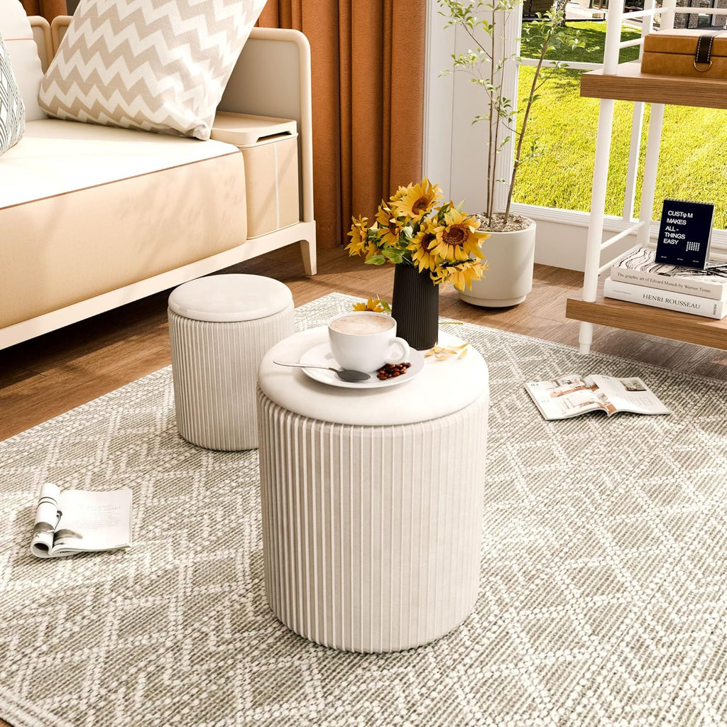 Ottoman with Storage Set of 2, Velvet Round Storage Ottoman, Upholstered Sponge Vanity Stool Support 300lbs, Multifunctional Coffee Table Foot Rest Ottoman for Living Room Bedroom, Beige