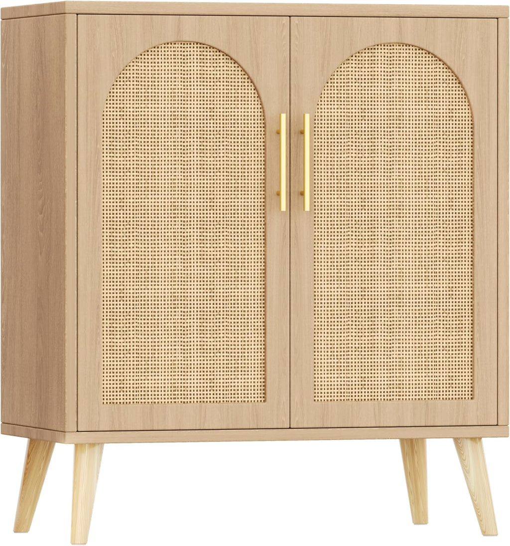 15.7"D Rattan Buffet Sideboard Cabinet with Storage, Modern Accent Cabinet with Adjustable Shelf & Solid Wood Legs, Coffee Bar Cabinet with Doors for Kitchen, Living Room, Entryway, Natural Oak