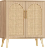 15.7"D Rattan Buffet Sideboard Cabinet with Storage, Modern Accent Cabinet with Adjustable Shelf & Solid Wood Legs, Coffee Bar Cabinet with Doors for Kitchen, Living Room, Entryway, Natural Oak