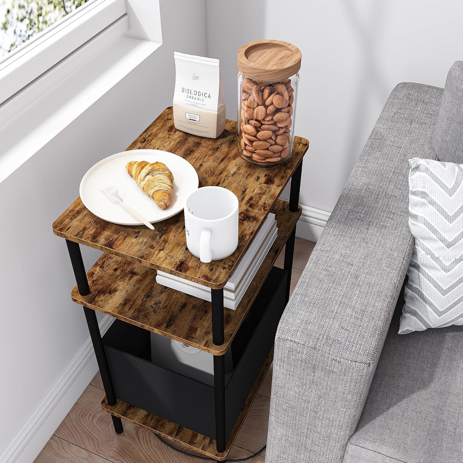 End Table with Charging Station & Outlet, Small Narrow Side Table for Bedroom, 25" H Bedside Table with USB Ports, 3-Tier Slim Nightstand, Rustic Brown