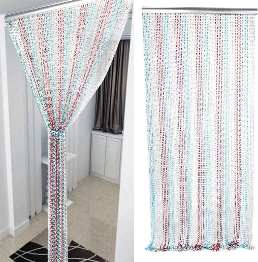 Dense Aluminum Chain Hanging Door Curtain, Ventilated Proof Room Divider in Red Blue Silver for Kitchen