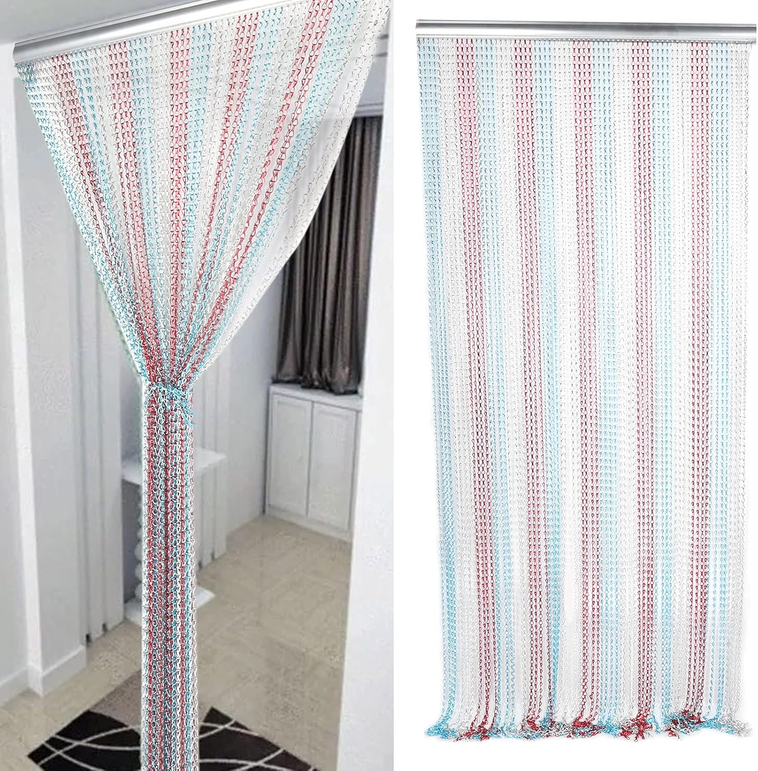 Dense Aluminum Chain Hanging Door Curtain, Ventilated Proof Room Divider in Red Blue Silver for Kitchen