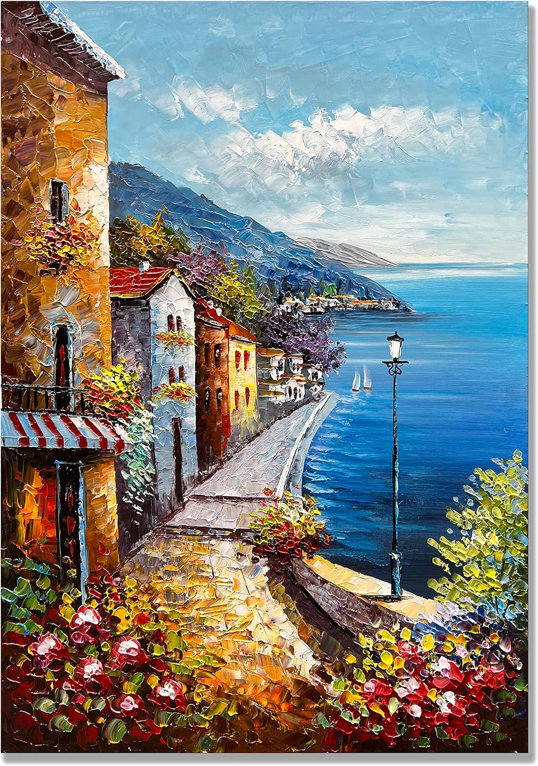 Alenoss Hand Painted Acrylic Large Abstract Modern Oil Paintings on Canvas 28x40 Inches Vertical Wall Art Mediterranean Sea Cityscape Blue Artwork Wall Decor Home Decorations