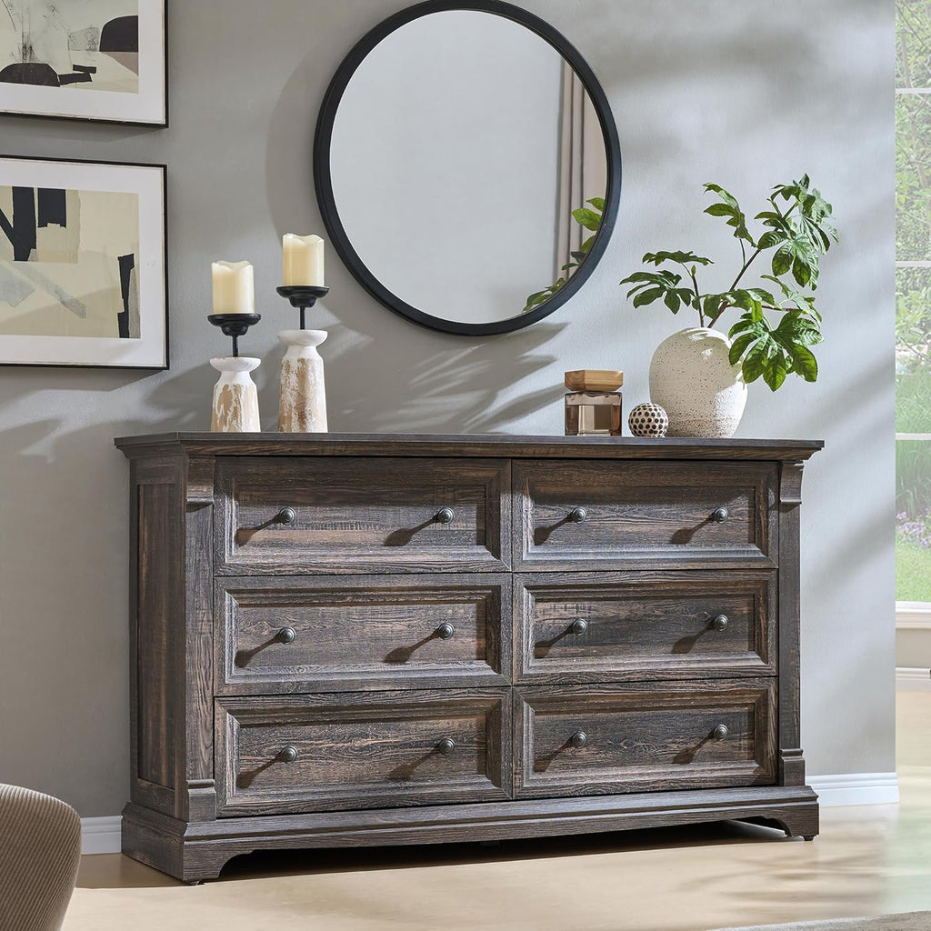6 Drawers Dresser for Bedroom, 54" Wide Wood Large Dressers w/Roman Column | Dressers & Chests of Drawers, Wooden Dresser TV Stand for Nursery Bedroom Living Room Hallway,Dark Rustic Oak
