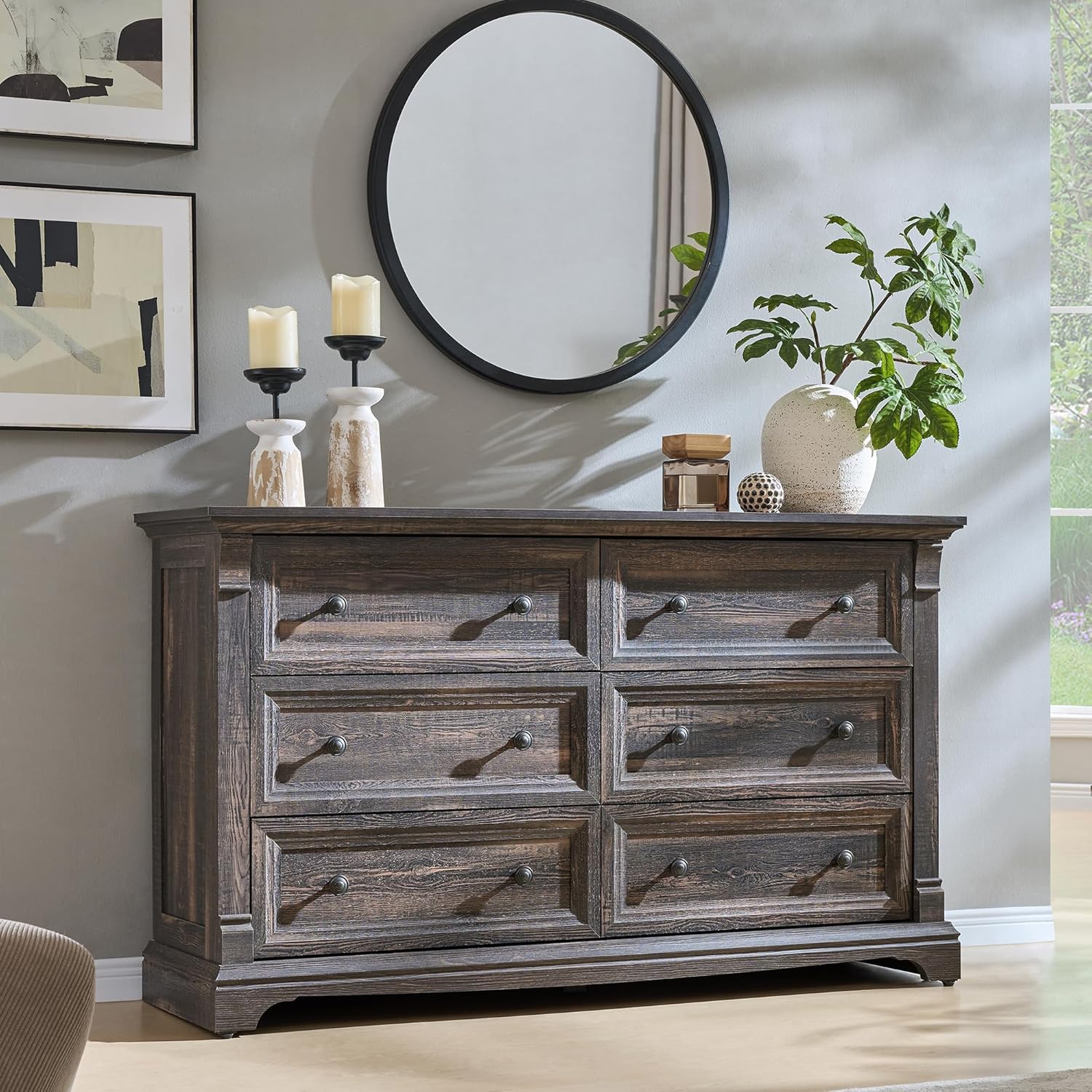6 Drawers Dresser for Bedroom, 54" Wide Wood Large Dressers w/Roman Column | Dressers & Chests of Drawers, Wooden Dresser TV Stand for Nursery Bedroom Living Room Hallway,Dark Rustic Oak