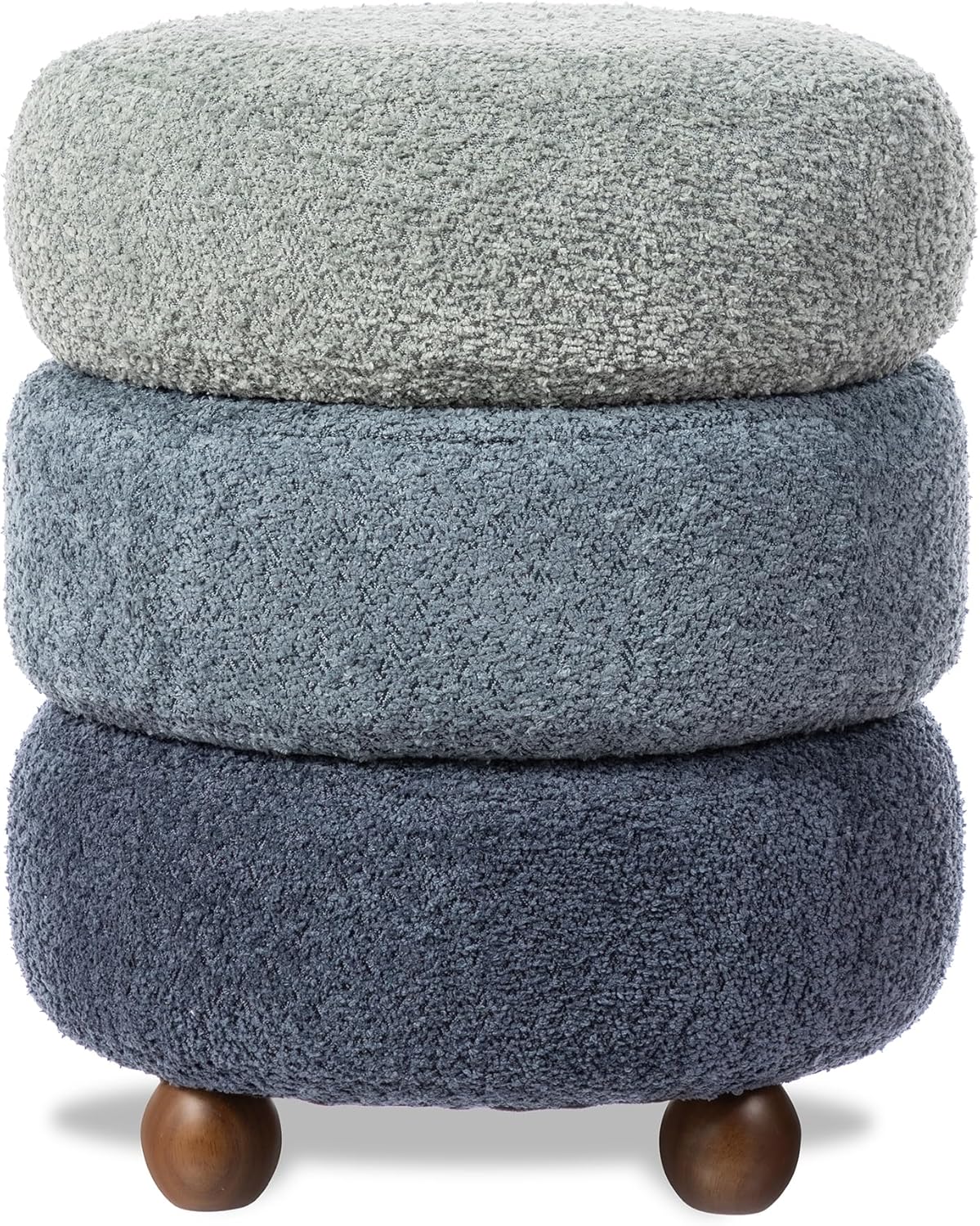 Glitzhome Round Ottoman with Storage, Small Foot Stool, Modern Accent Stool Upholstered Vanity Stool with Rubberwood Ball Feet for Bedroom Living Room Dorm Room, Gradient Blue