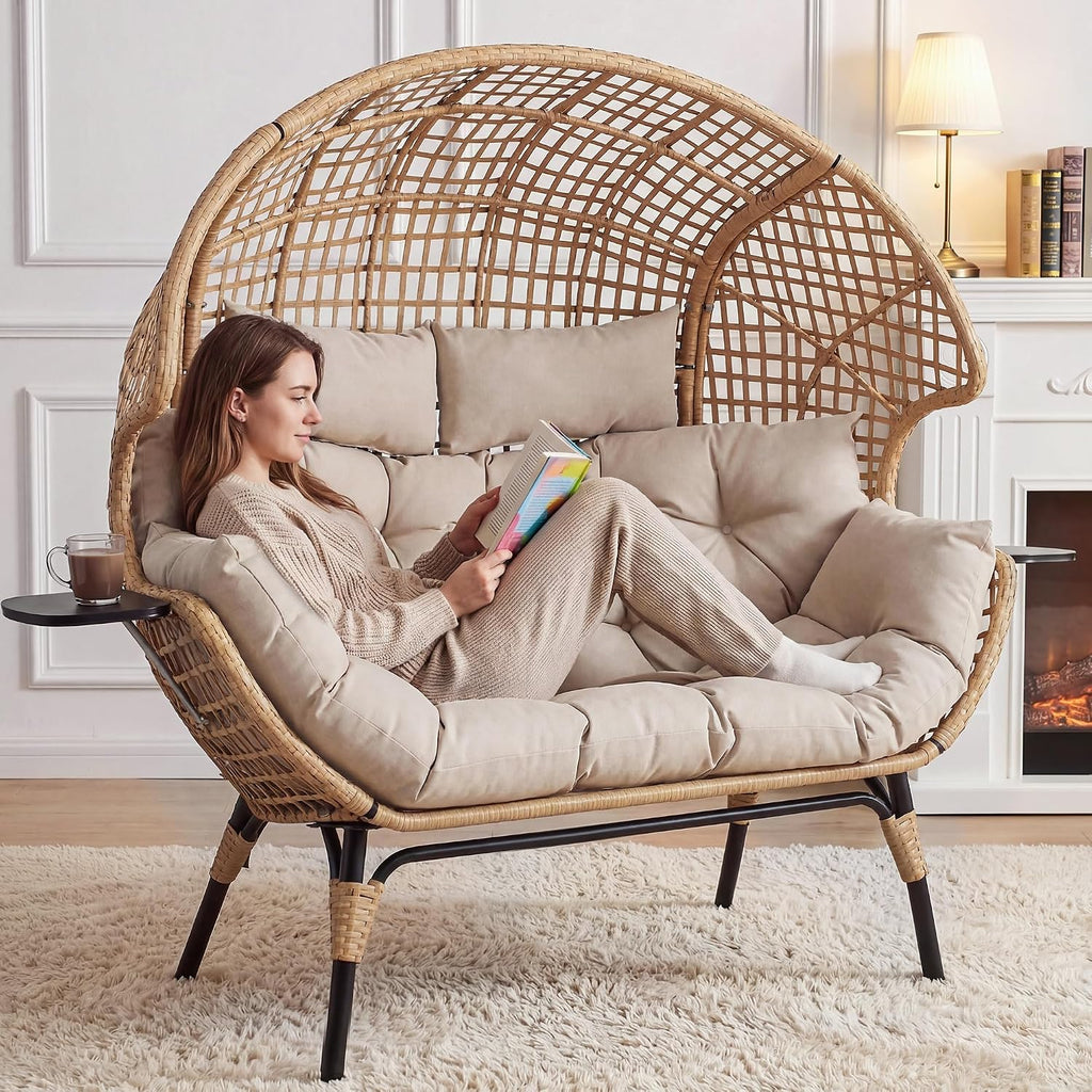 Double Egg Chair Outdoor Indoor 2 Person Wicker Egg Lounge Chair with Foldable Cup Holder Cushion Rain Cover Patio Oversized Loveseat for Balcony Porch Backyard