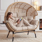 Double Egg Chair Outdoor Indoor 2 Person Wicker Egg Lounge Chair with Foldable Cup Holder Cushion Rain Cover Patio Oversized Loveseat for Balcony Porch Backyard