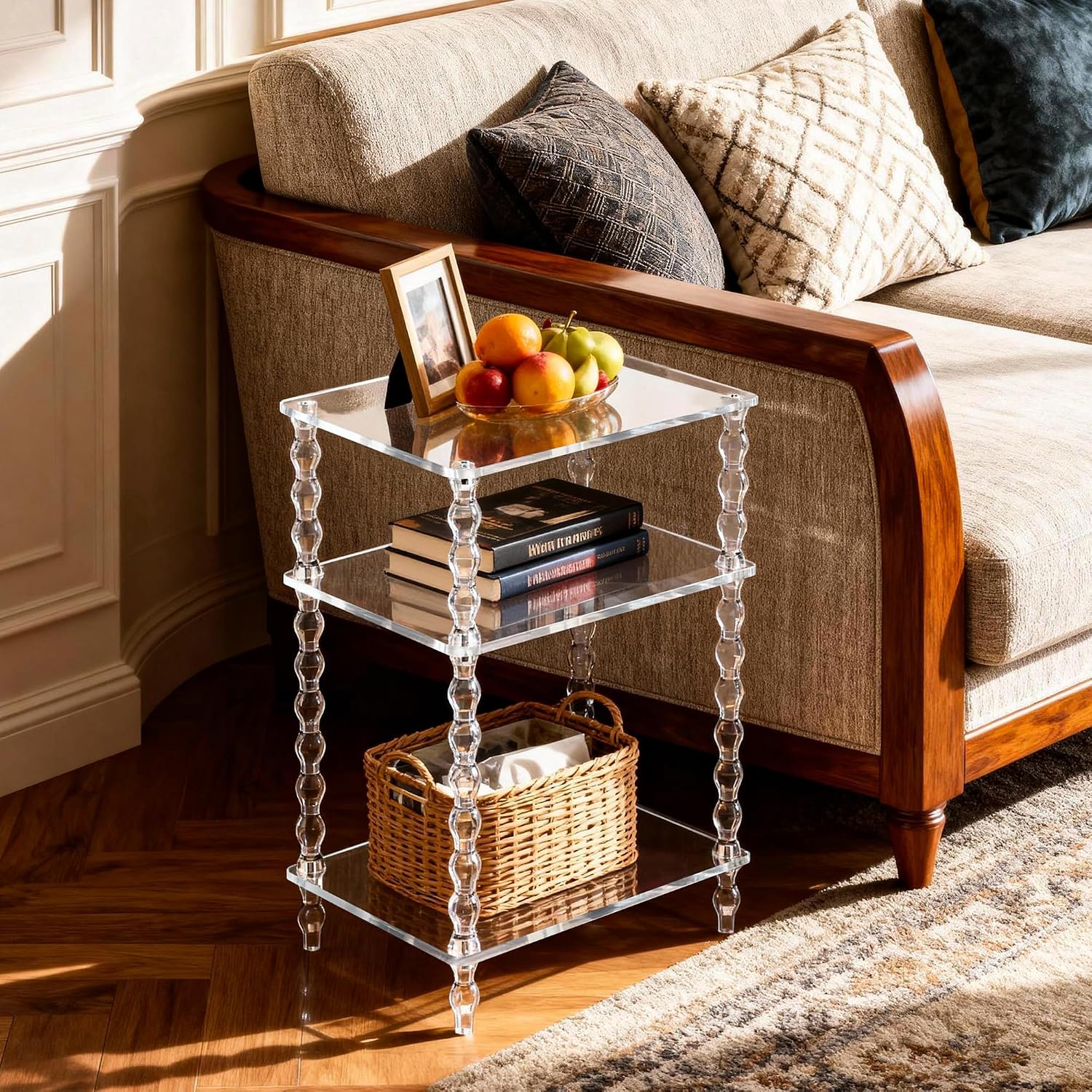 Acrylic Side Table Clear 3-Tier End Table for Living Room, Office, Hallway, Bedroom,Bathroom (Clear, Nomal)