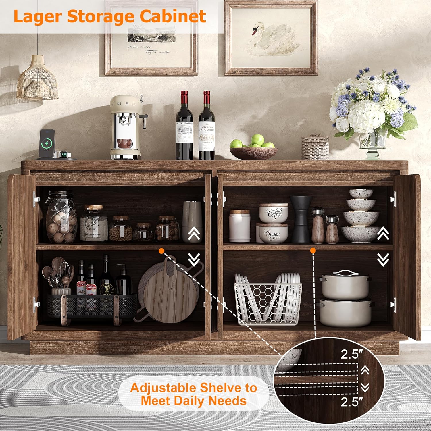 knoworld Buffet Cabinet with Storage, Outlet & Adjustable Shelves, Sideboard Cabinet with Double-Arc Doors, Classic Modern Wood Console Table & Credenza for Dining Room & Entryway