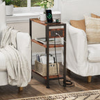 End Table with Charging Station, 3-Tier Side Table for Small Space, Skinny Nightstand with USB/Type C Port and 2 Outlets, Slim Beside Table for Living Room, Bedroom, Balcony, Rustic Brown