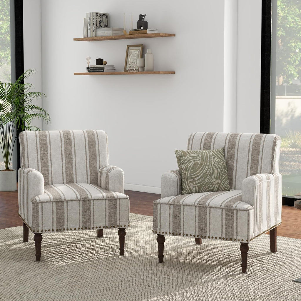 Stripe Accent Chair, Fabric Upholstered Armchair Modern Nailhead Trim Club Arm Chairs for Living Room with Wood Legs, Comfy Single Sofa Seat Bedroom Side Reading Seating - Brown