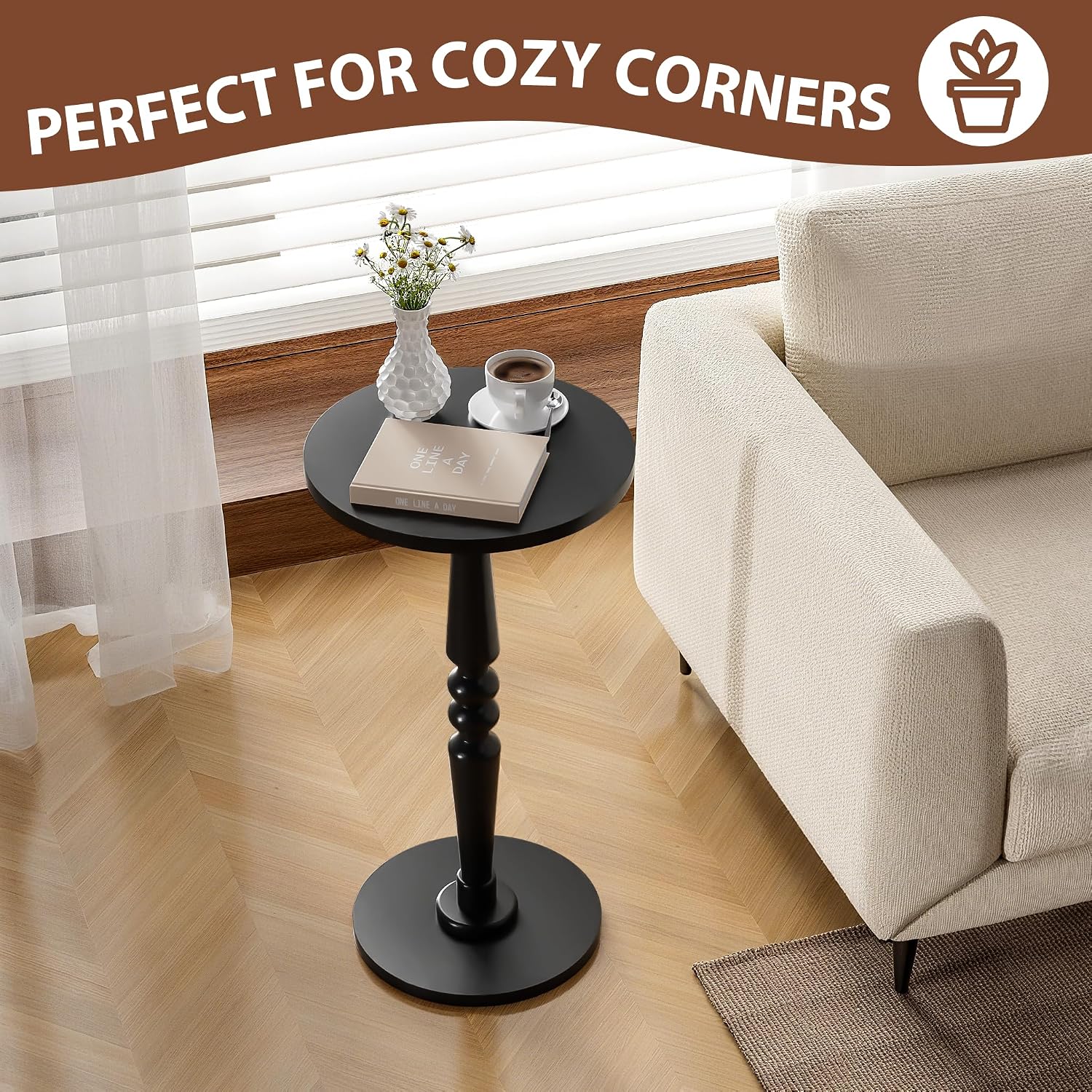 Small Wood Round Side Table - Accent Nightstand Pedestal Table for Living Room, Bedroom - Compact Coffee Table, Tea Table, Drink Table, End Table for Small Spaces, Corners, Office