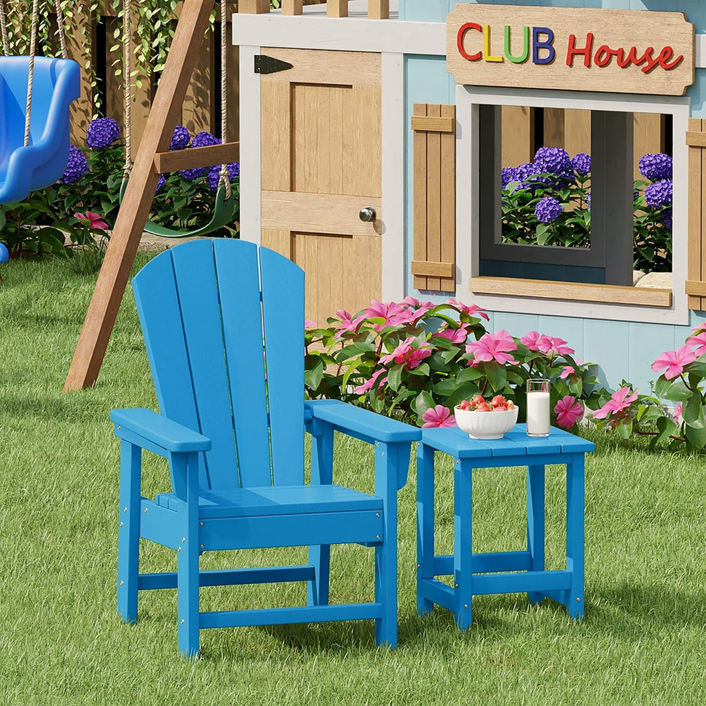 WestinTrends Malibu 2-Piece Kids Outdoor HDPE Adirondack Chair with Square Side Table Set, Pacific Blue