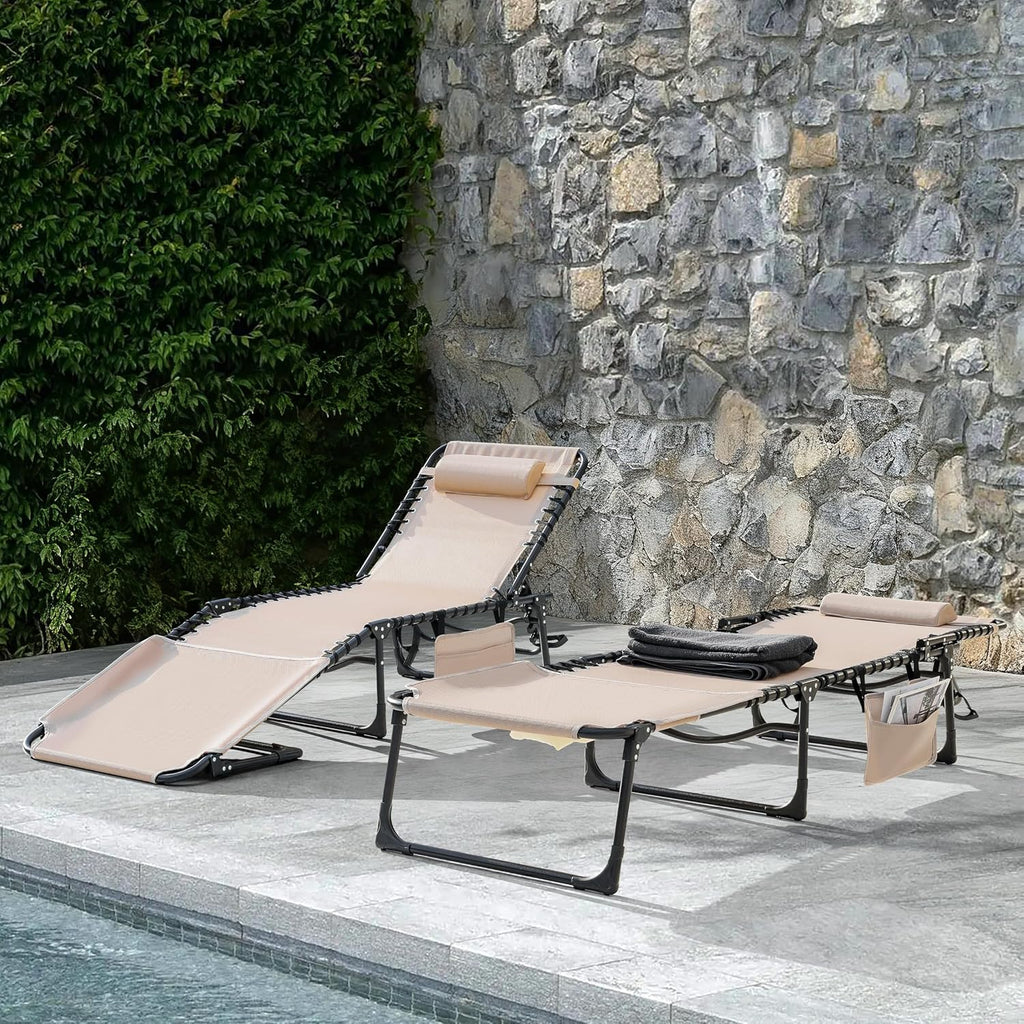 NUU GARDEN Outdoor Foldable Chaise Lounge Chairs, Tanning Chair with Face Hole and Pillow 5-Position Reclining Oxford Fabric - Portable for Beach, Poolside, Patio Camping (Khaki)