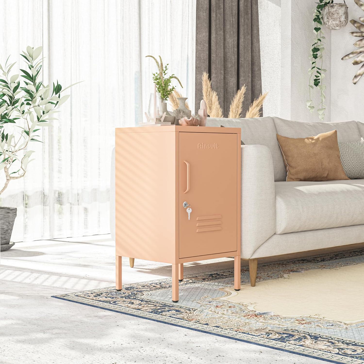 Single door End Table 2 Tier Narrow Side Table with Metal Frame Multifunctional Home Table Easy to Assemble Adjustable partitions Single Door Coffee Table Pink Size: 27.55”H X 13.78”W X 14.96”D