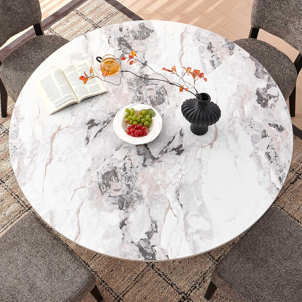 47" Rustic Round Dining Table for 4-6, Industrial Circle Kitchen Dinner Table, Two-Part Faux White Marble Grain Tabletop & Engineered Wood Pedestal Base for Kitchen Living Room Office