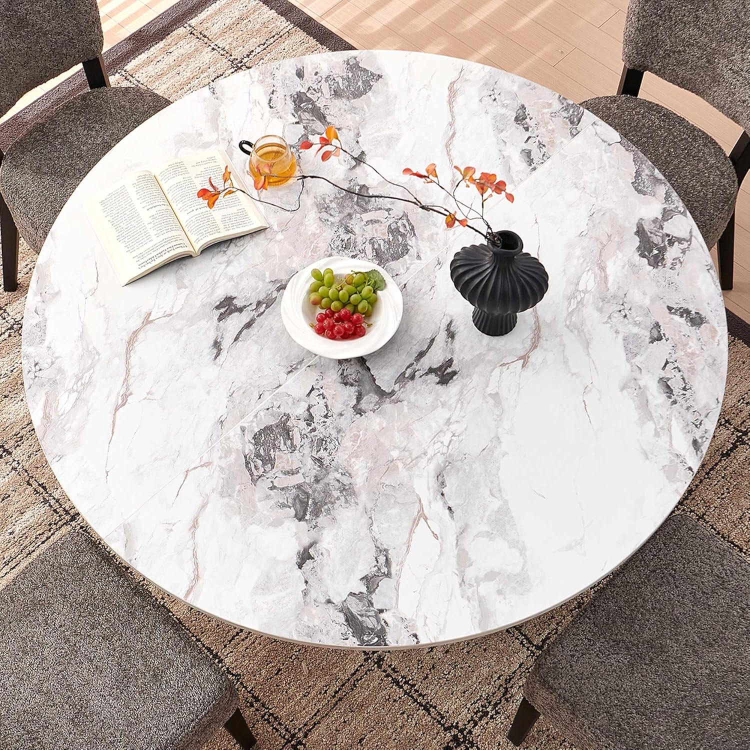 47" Rustic Round Dining Table for 4-6, Industrial Circle Kitchen Dinner Table, Two-Part Faux White Marble Grain Tabletop & Engineered Wood Pedestal Base for Kitchen Living Room Office