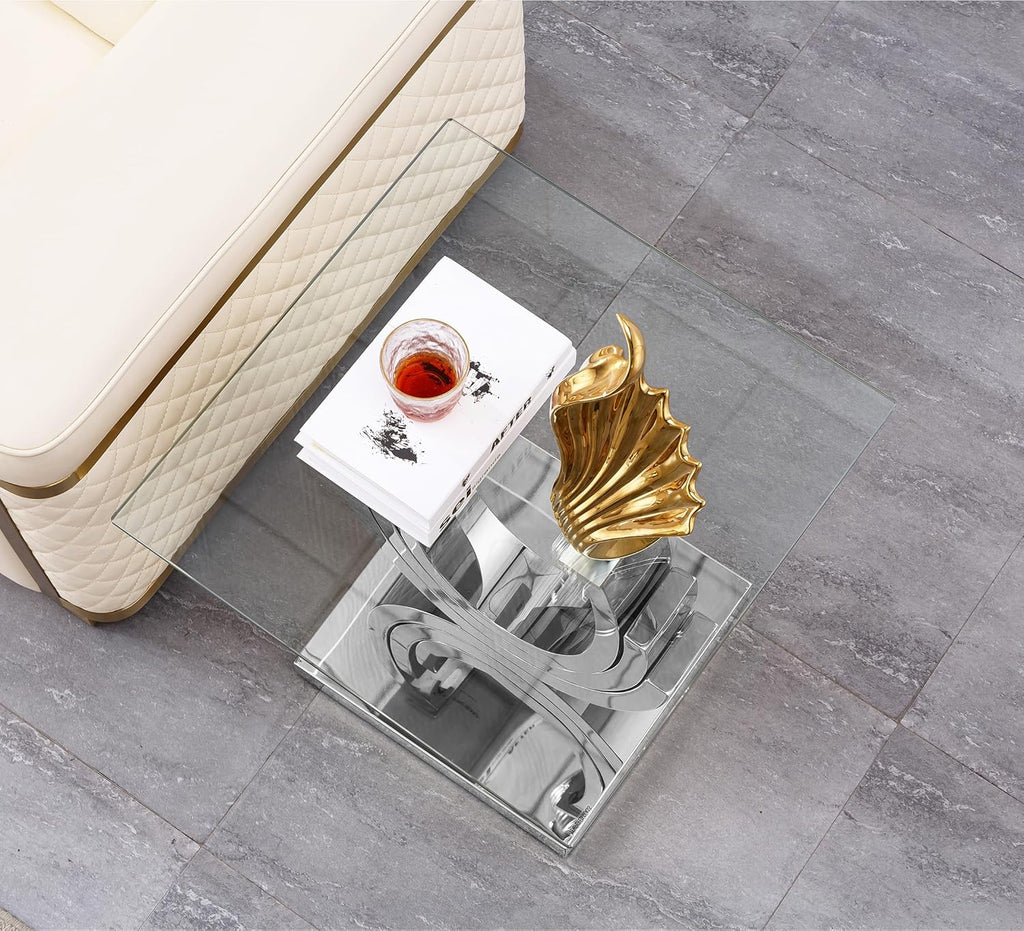 Luxury Glass End Table, 22.8" Sofa Side Table with Silver Ring-Shape Stainless Steel Frame and Clear Glass Top, Cocktail Tea Table, Modern Square End Table for Home Office