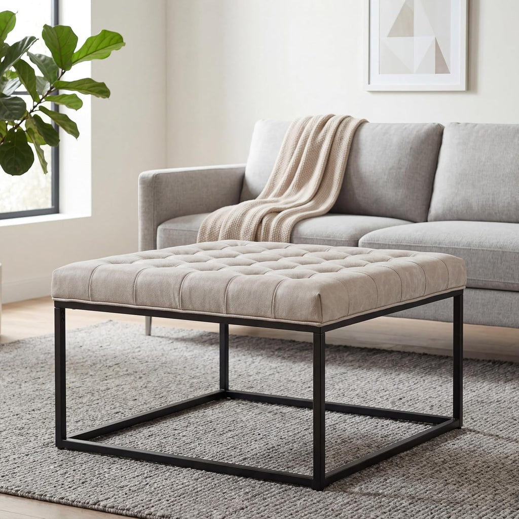28" Square Ottoman, Faux Leahter Coffee Table for Living Room, Tufted Footrest with Metal Base, Mid Century Footstool for Couch, Small Vintage Ottoman for Apartment, Bedroom, Office, Ivory