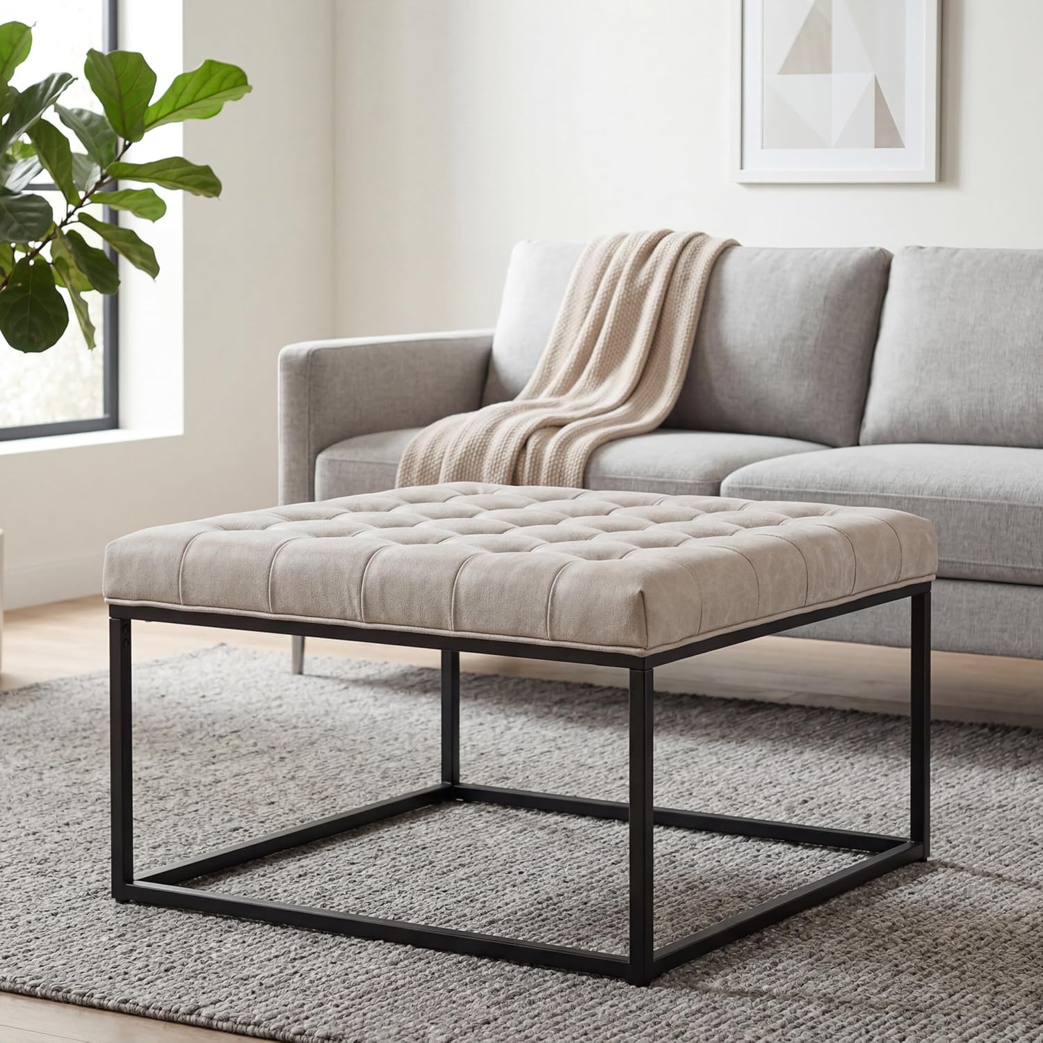 28" Square Ottoman, Faux Leahter Coffee Table for Living Room, Tufted Footrest with Metal Base, Mid Century Footstool for Couch, Small Vintage Ottoman for Apartment, Bedroom, Office, Ivory