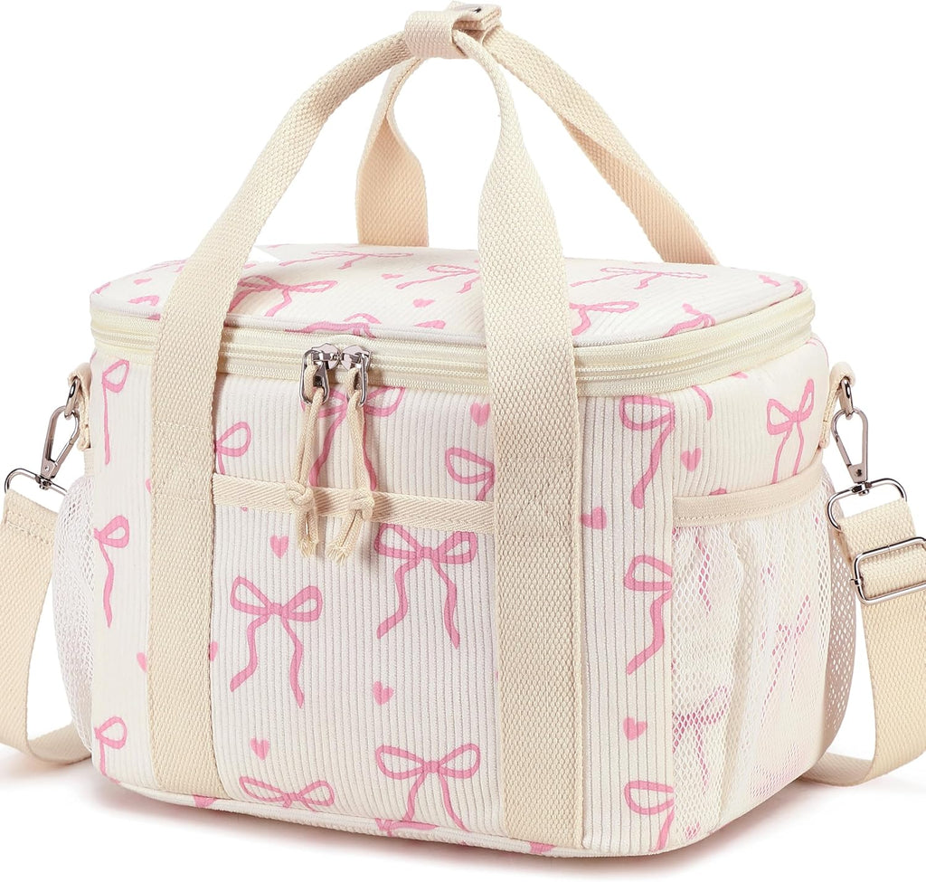 LOIDOU Lunch Box for Women Men Insulated Corduroy Lunch Bag Cooler Leakproof Reusable Adult Lunchbox Adjustable Strap lunch tote for Work Office Beach Picnic (Beige Bow)