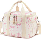 LOIDOU Lunch Box for Women Men Insulated Corduroy Lunch Bag Cooler Leakproof Reusable Adult Lunchbox Adjustable Strap lunch tote for Work Office Beach Picnic (Beige Bow)