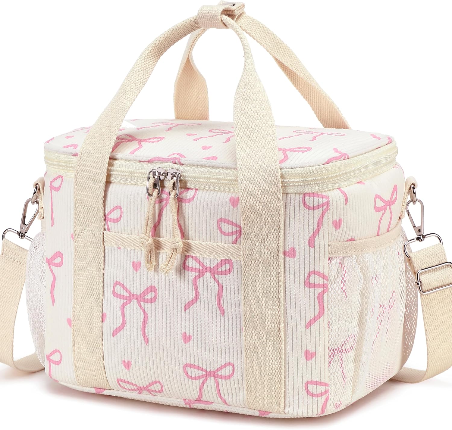 LOIDOU Lunch Box for Women Men Insulated Corduroy Lunch Bag Cooler Leakproof Reusable Adult Lunchbox Adjustable Strap lunch tote for Work Office Beach Picnic (Beige Bow)
