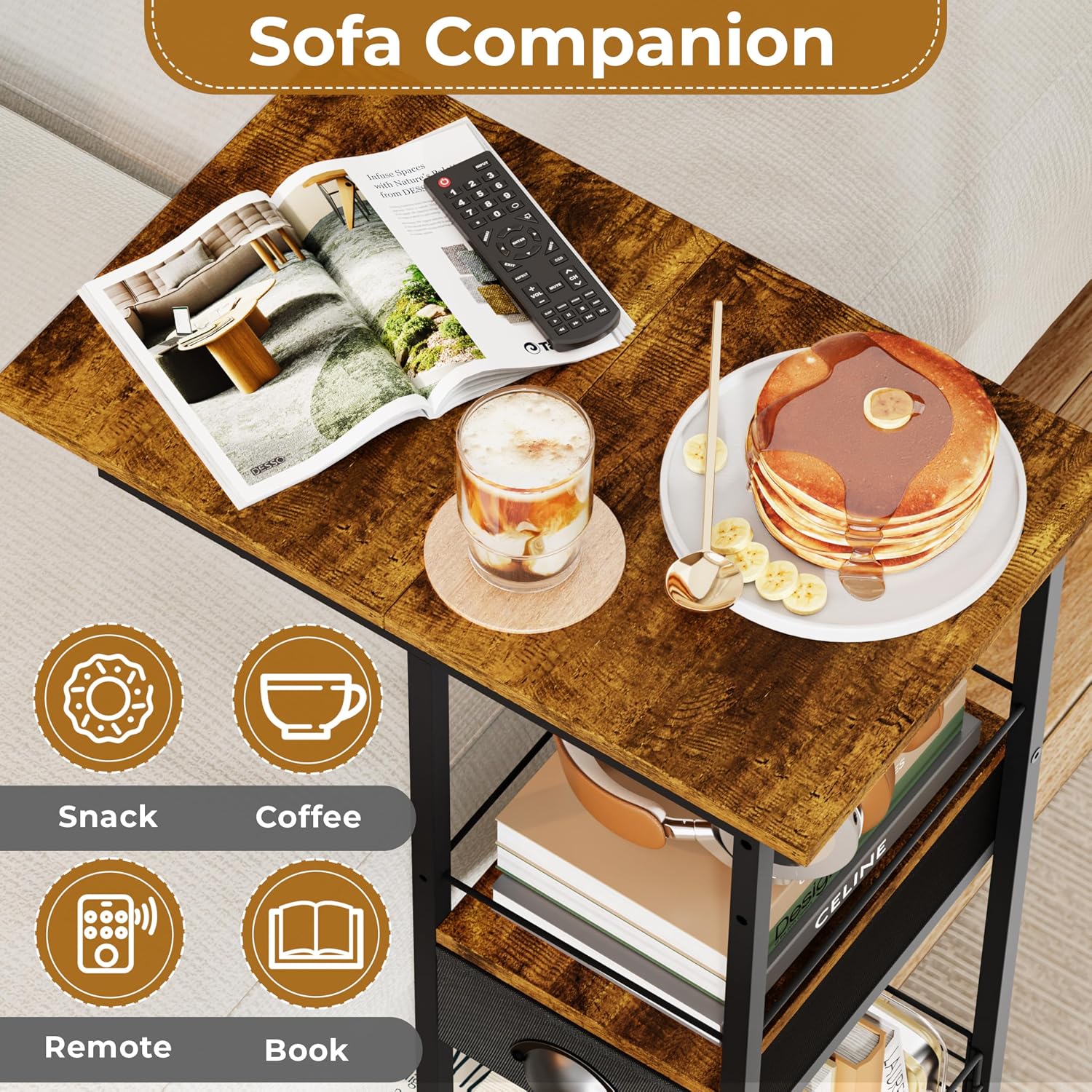 C Shaped Sofa Side Table with Wheels, Rolling Small Coffee Table with Drawer, Portable TV Tray Table for Couch, Bedside Table with Storage, Narrow Nightstand for Bedroom, End Tables Living Room