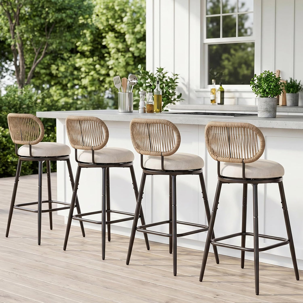 Outdoor Swivel Counter Bar Stools Set of 4, 360° Woven Rope Bar Chairs with Cushioned Seat & Metal Frame, Modern Farmhouse Counter Stools for Patio & Bar Area, Beige