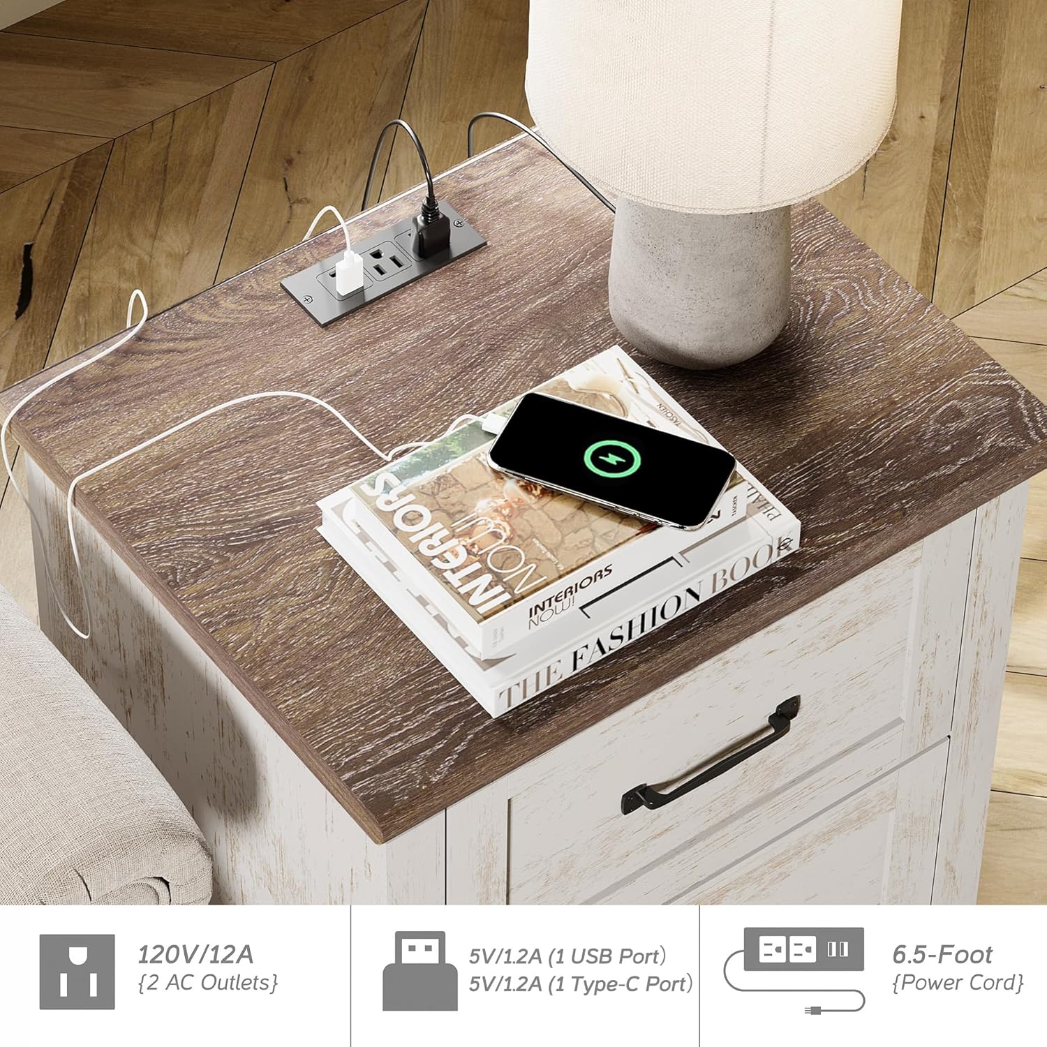 WAMPAT Nightstand Side Table with Charging Station, Antique White End Table with 2 Drawers for Living Room, Elegant Night Stand Bedside Table for Bedroom, Dorm