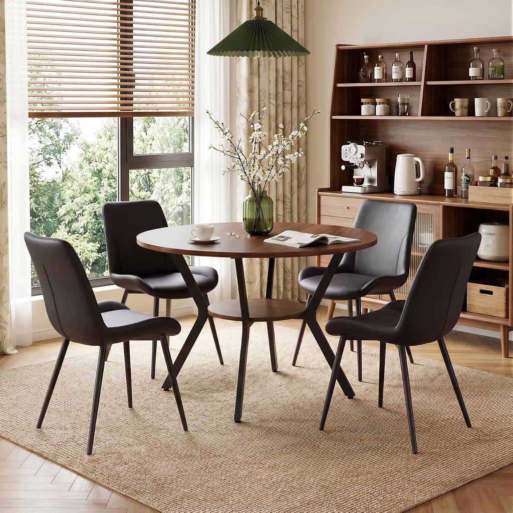 Miereirl 42.13" 5-Piece Round Dining Table Set for 4, Kitchen Table Set with 4 Upholstered Chairs and Storage Shelf, Dining Room Furniture Set for Apartment, Small Spaces