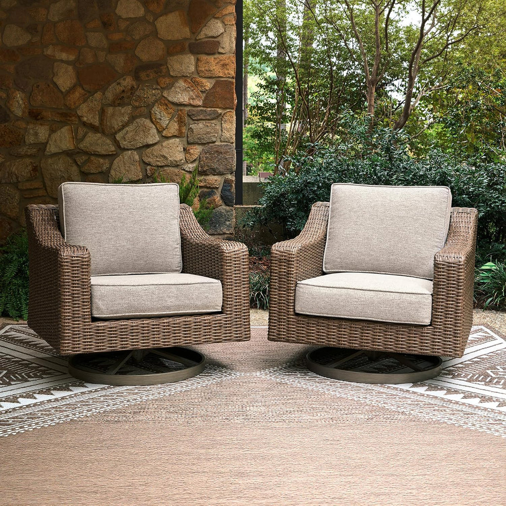 Signature Design by Ashley Carmel Bay Casual Weather and UV Resistant Outdoor Swivel Lounge with Cushion, Light Brown & Beige