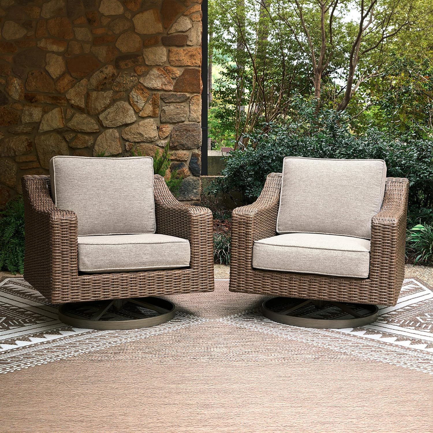 Signature Design by Ashley Carmel Bay Casual Weather and UV Resistant Outdoor Swivel Lounge with Cushion, Light Brown & Beige