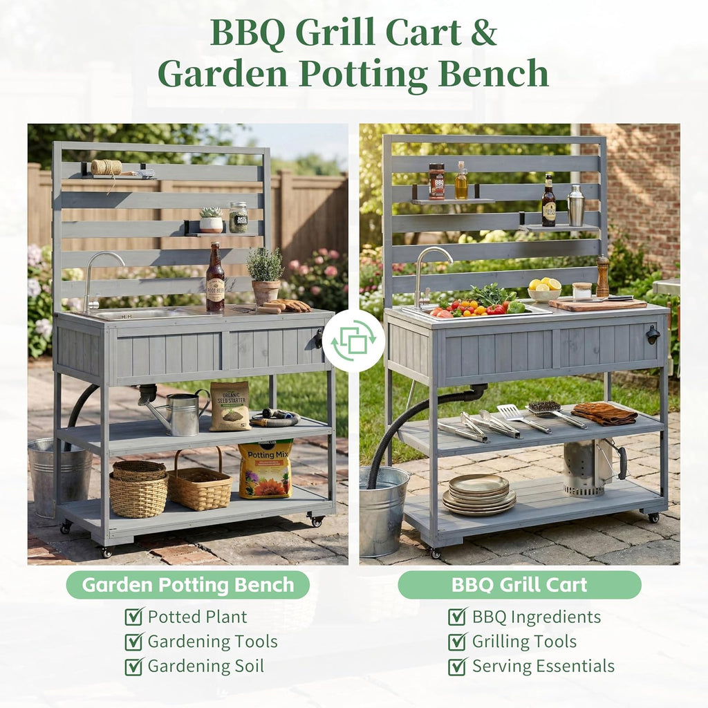RuiSiSi Patio Rolling Kitchen Island Solid Wood Kitchen Cart with Sink, Garden Potting Bench with Stainless Table Top, 2 Movable Shelves and 1 Bottle Opener, Grey
