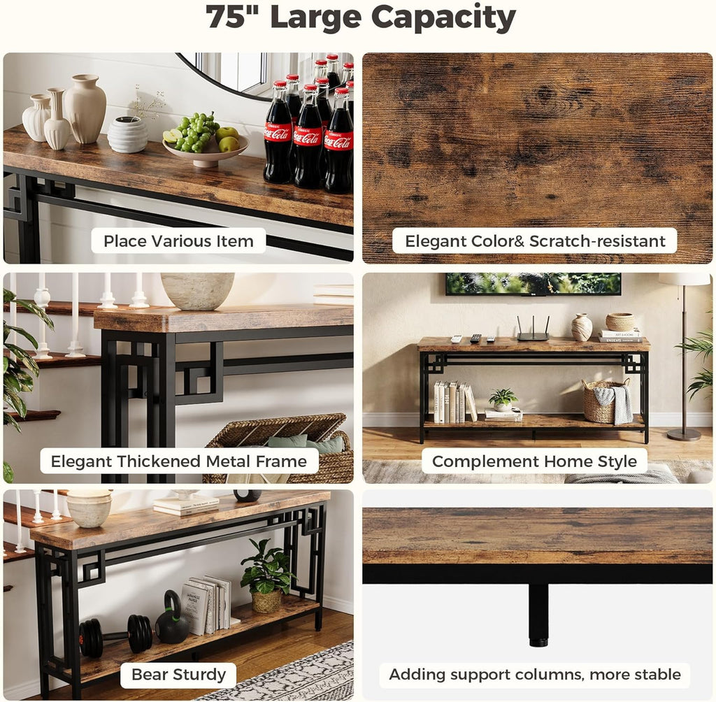 IRONCK 70.9" Long Console Table, 2-Tier Long Narrow Console Table Behind Couch for Display with Central Support Frame, Industrial Long Entryway Table for Entryway and Living Room
