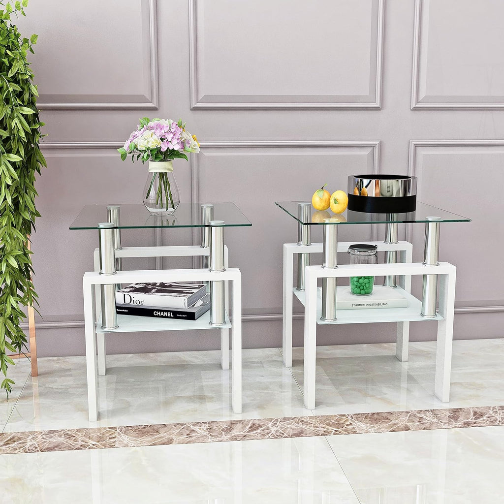 BIGTO 2 Pcs Tempered Glass Side Table, End Table for Living Room, Sofa Table White 17.72''*17.72''*20.5''Living Room Furniture