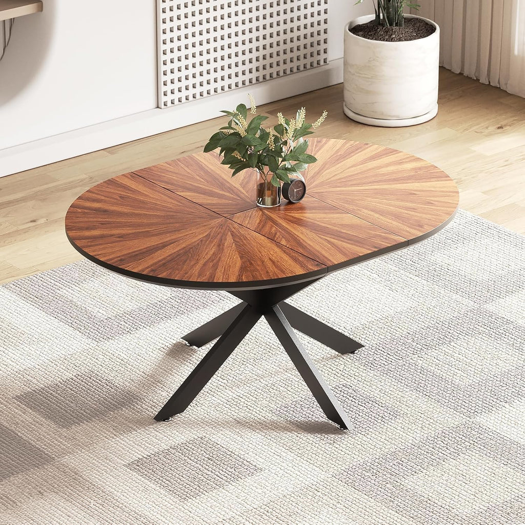 KEIKI 47.2"-63" Extendable Round Dining Table for 4-6, Modern Wooden Kitchen Table with Removable Leaf, Solid Wood Oval Dinner Tables for Dining Room Living Room, Walnut