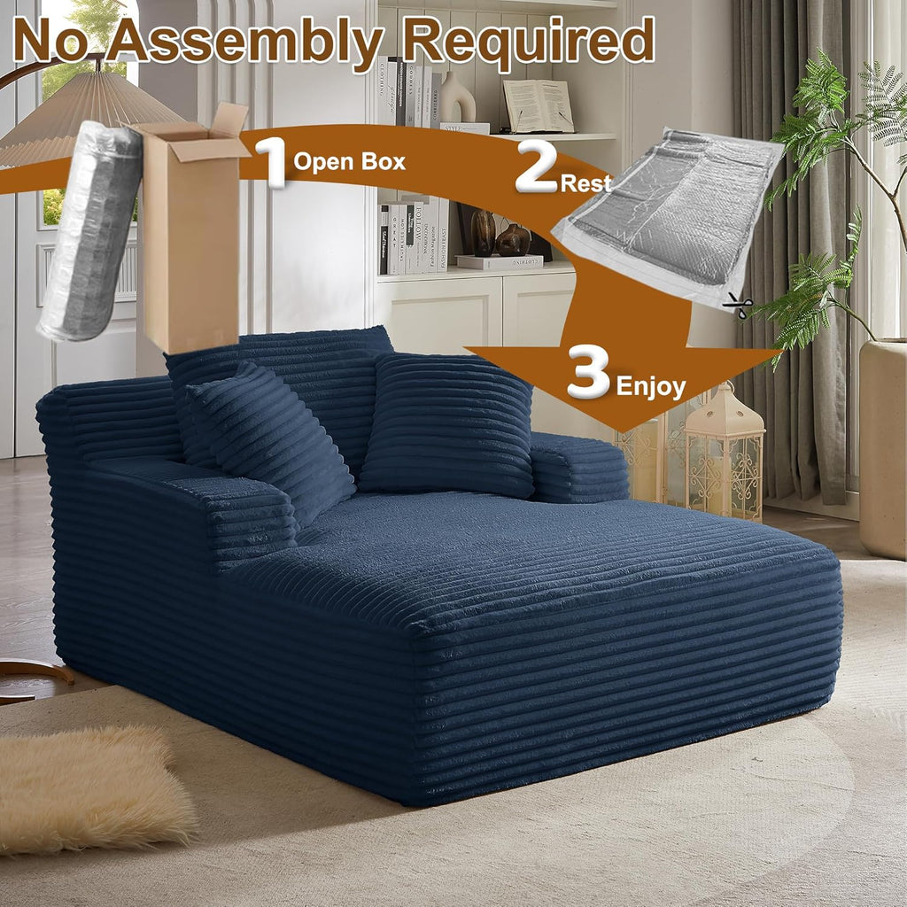 Oreada Oversized Boneless Chaise Lounge Chair Indoor, 66" Corduroy Oversized Comfy Reading Sleeper Chair Boneless Sofa Chaise Couch Bed with 3 Fluffy Pillows, No Assembly Required, Blue