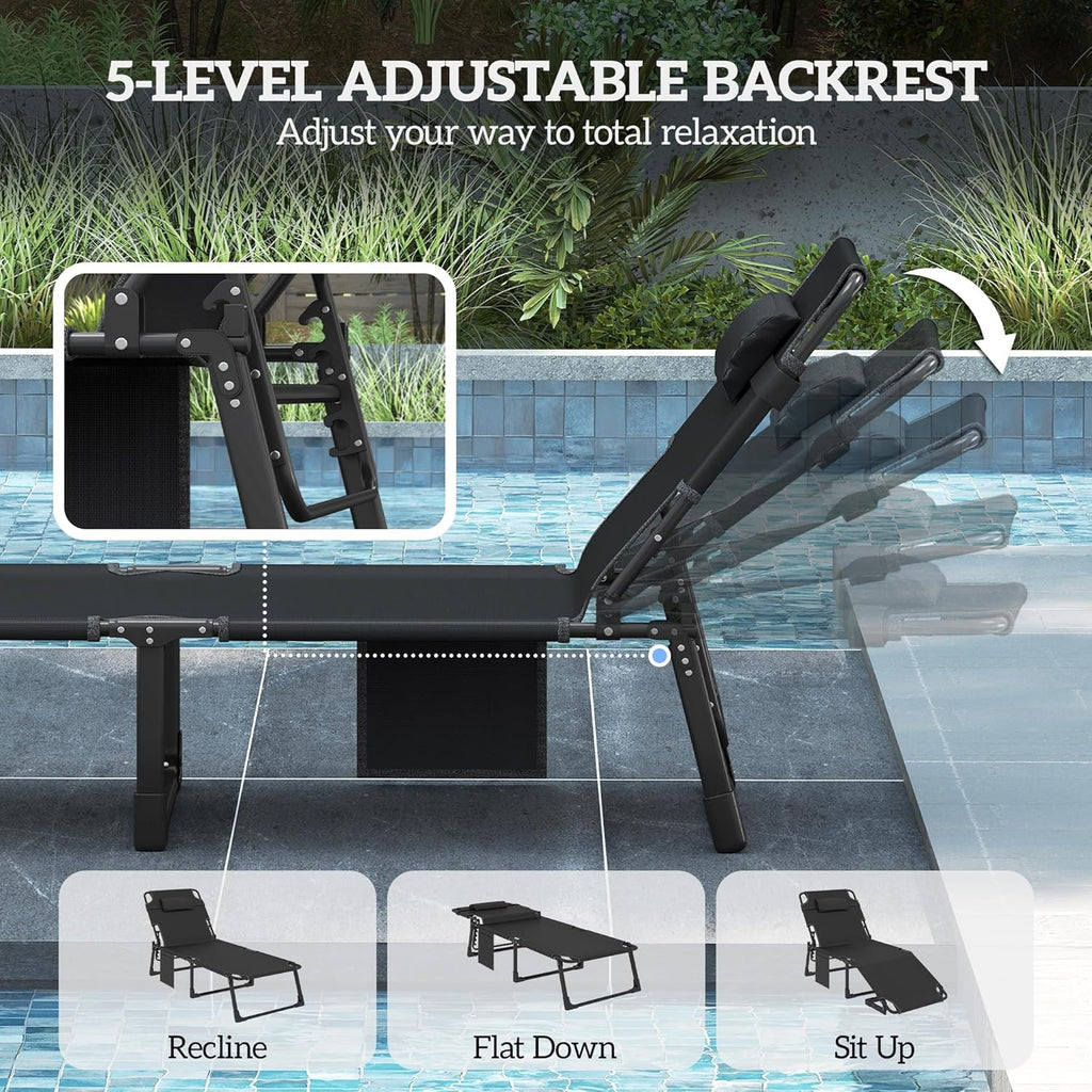 Outsunny Chaise Lounge Chair Outdoor Set of 2, 5-Position Reclining Pool Lounge Chairs with Cushions, Side Pocket, Headrest, Folding Lounger Tanning Chair Camping Cot for Patio, Beach, Black