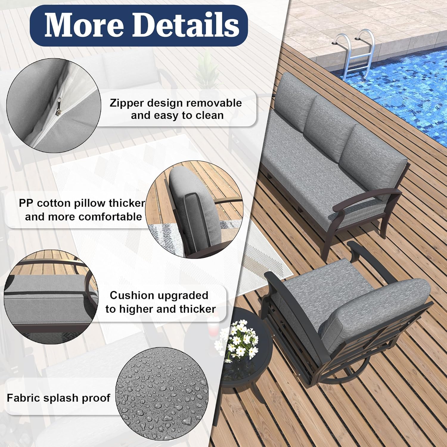 ALAULM Aluminum 3-Seat Patio Furniture Set, Metal Outdoor Furniture Sectional Sofas w/5.1" Cushions for Patio, Backyard, Poolside-Grey