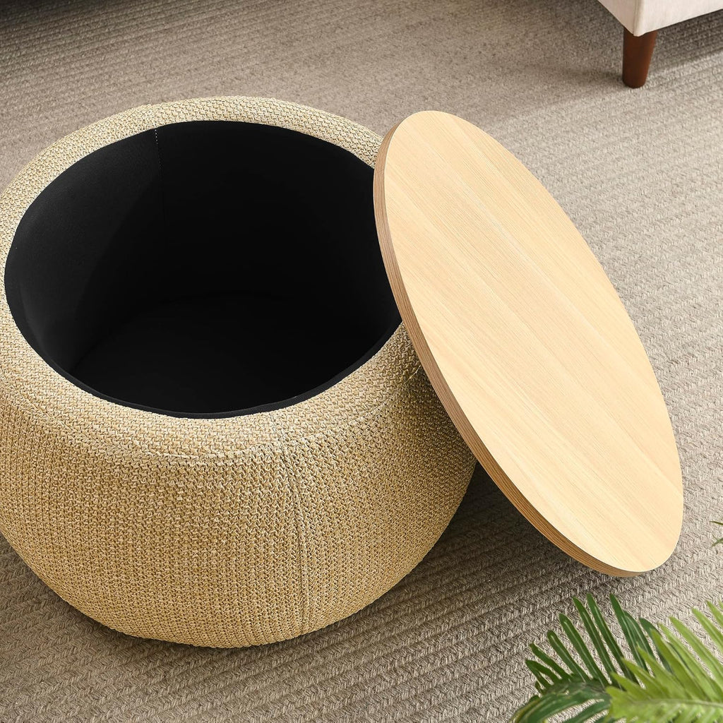 Modern Round Storage Ottoman with Wooden Top,Handmade Luxury Pleated Circle Fabric Storage Ottoman Coffee Table,End Table & Footstool for Living Room（Natural）