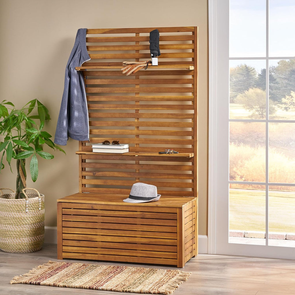 Acacia Wood Mud Bench with Storage and Display Shelves, Classic Wooden Slats for Entryway Organization and Home Interior