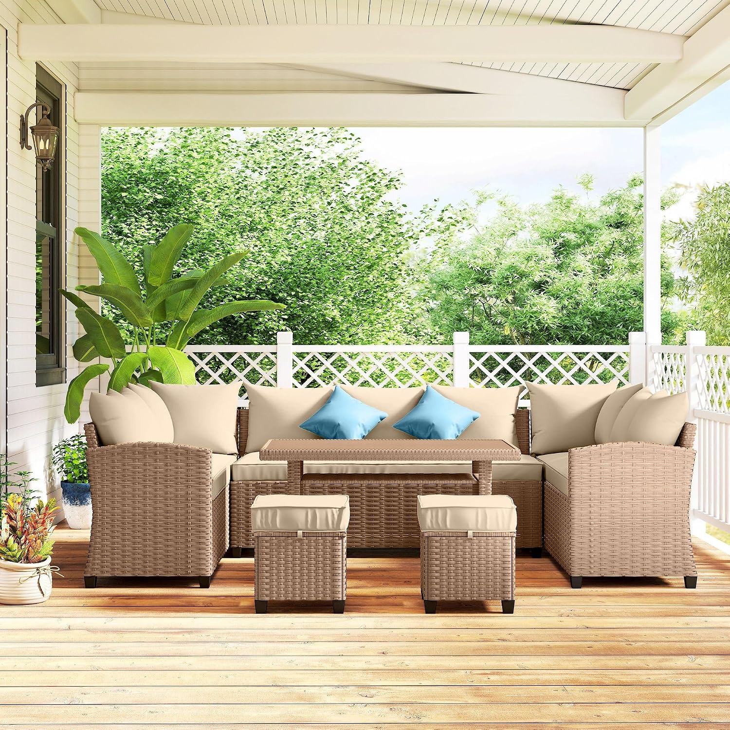 6-Piece PE Rattan Patio Set: 3 Sofas, 2 Ottomans, Coffee Table, Khaki Cushions & Blue Pillows, Steel FFor rame, All-Weather