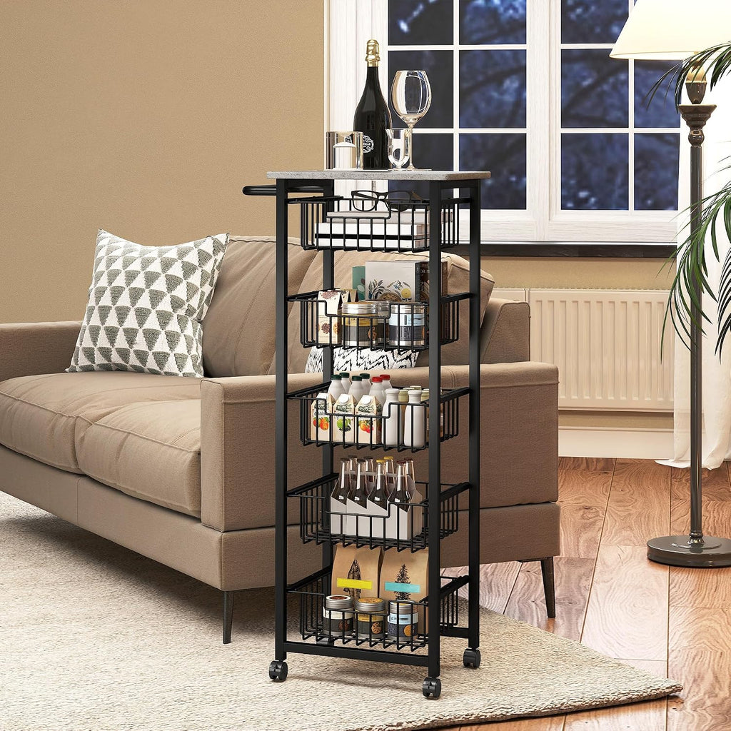 HOMCOM 5-Tier Kitchen Island on Wheels, Rolling Kitchen Storage Trolley with 5 Pull-Out Mesh Baskets, Mobile Utility Serving Cart, Light Grey
